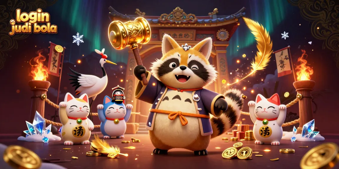 Experience login judi bola with a cheerful tanuki and crane in a vibrant casino setting.