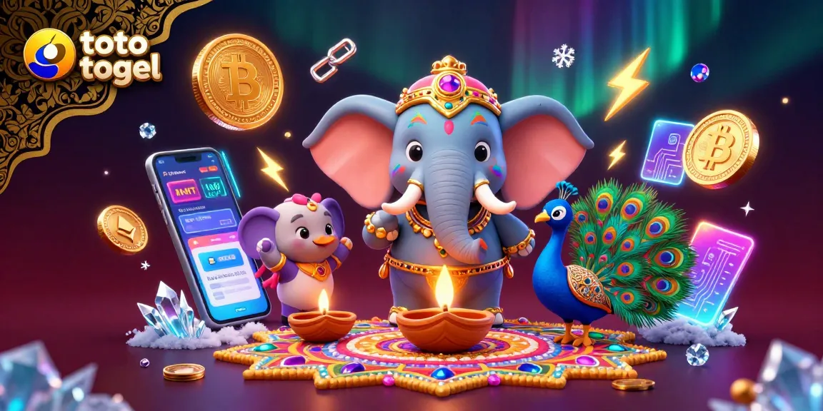 Engage with toto togel lottery excitement showcasing a colorful 3D elephant and cryptocurrency elements.