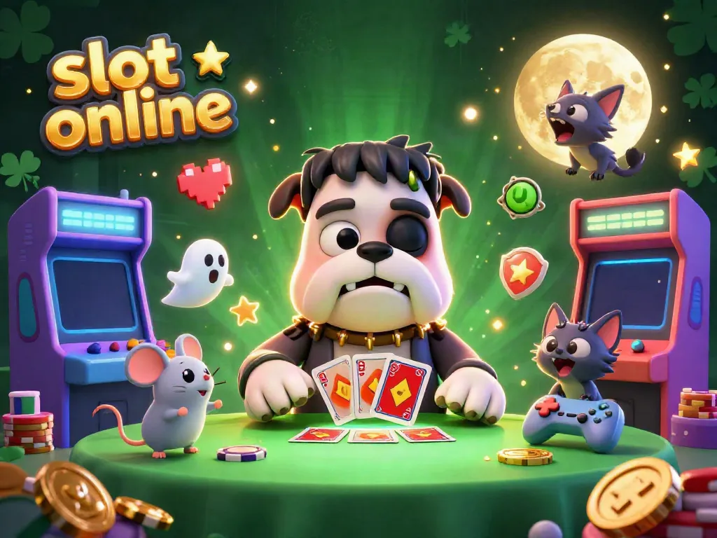 Permainan slot online menampilkan monster bulldog Frankenstein 3D yang unik dengan kartu dan chip di meja, dikelilingi tema kasino.