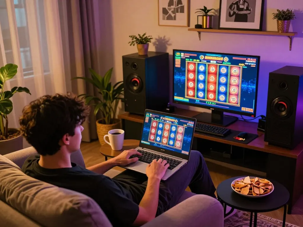 SATRIA123 player engaging with colorful online slot game interface on laptop at home.