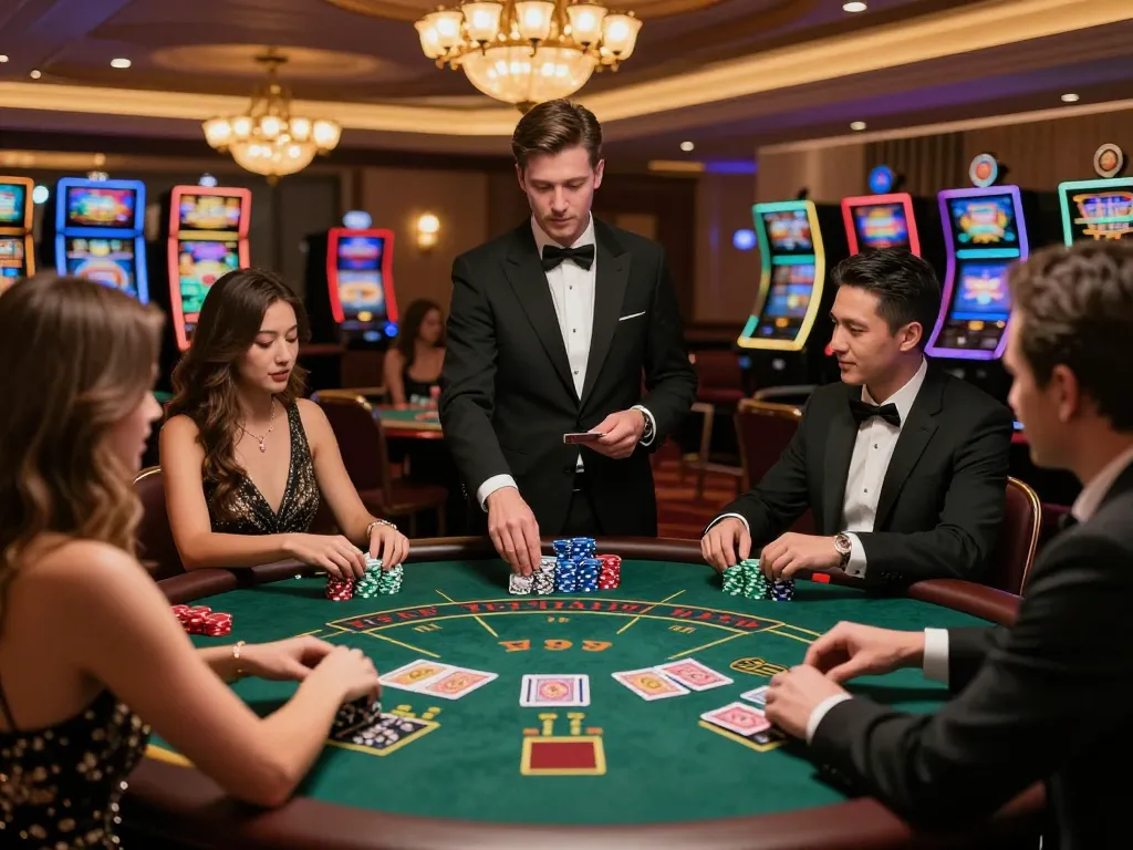 MPOID engages players at a vibrant blackjack table in a luxurious casino, showcasing strategic gameplay and excitement.