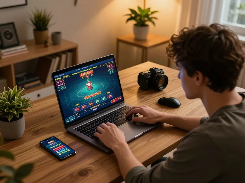 Engaging with the PERI11 casino app on a laptop, showcasing strategic online gambling setup.