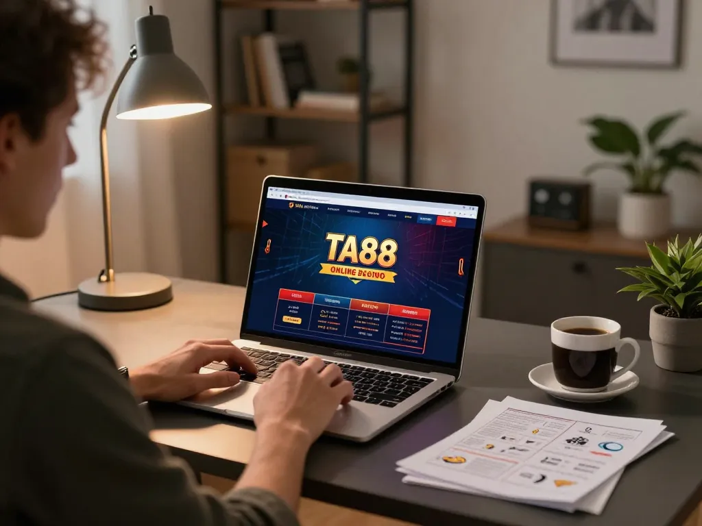 Engaging with TA88 online casino through a modern home gaming setup, emphasizing strategy and relaxation.