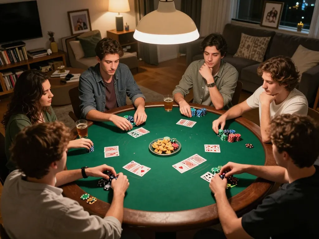 Friends engaging in an exciting poker game focused on strategy and fun at home, featuring 888new.