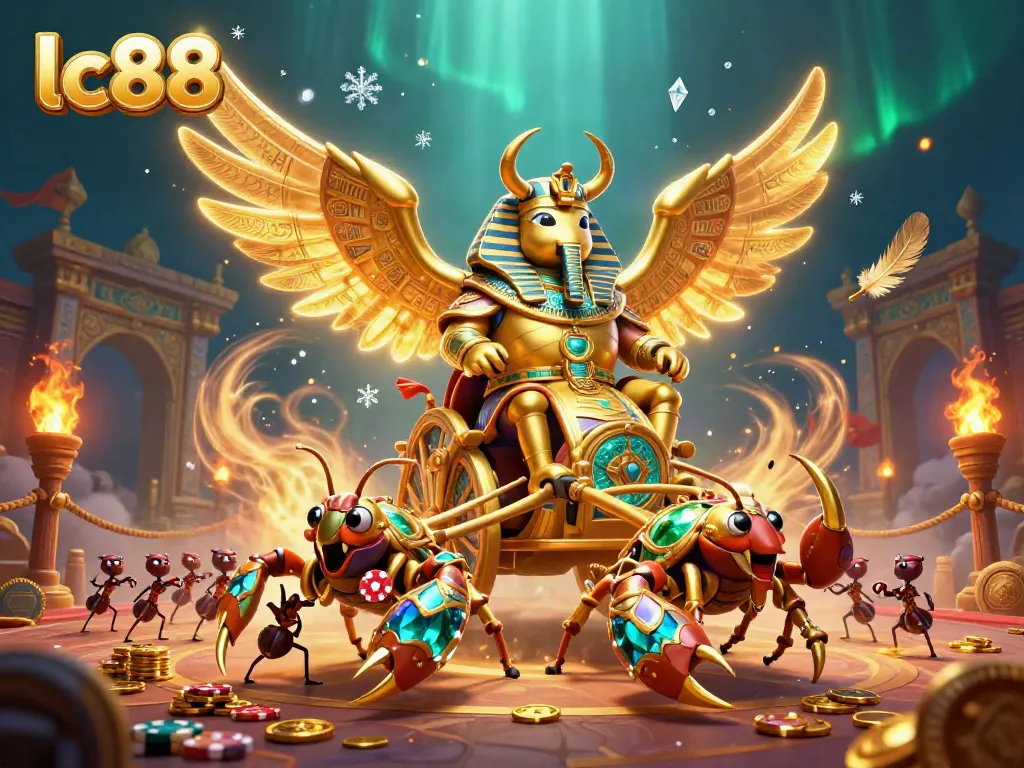 Engage with LC88's dynamic gambling scene featuring a colossal golden scarab and scorpions.