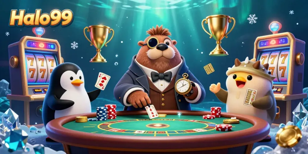 Engage with Halo99's underwater poker excitement featuring a jolly walrus and playful penguin.
