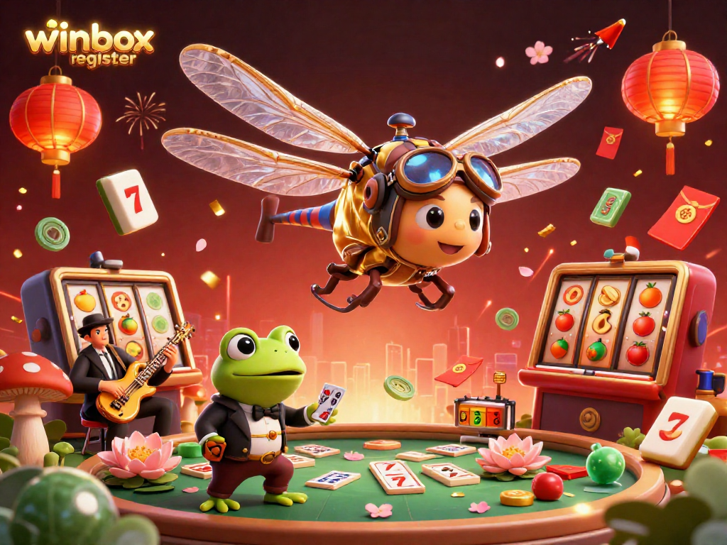 Engage with winbox register and experience thrilling slots action in this lively casino scene with unique characters.