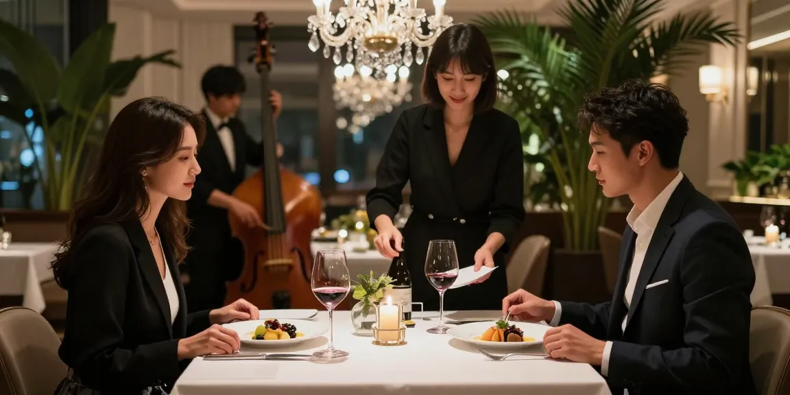 Suasana mewah di restoran dengan pasangan menikmati LUXURY 777, hidangan gourmet dan suasana romantis.