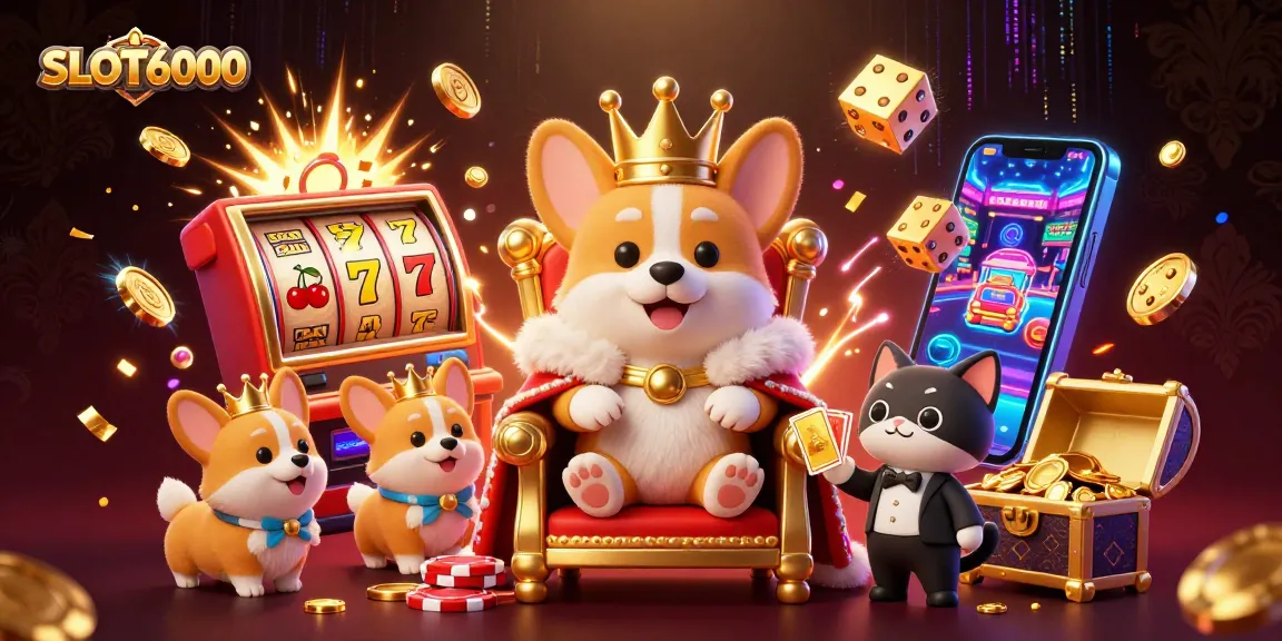 Experience the extravaganza of SLOT6000 with a royal corgi, slot machines, and bursting jackpots!