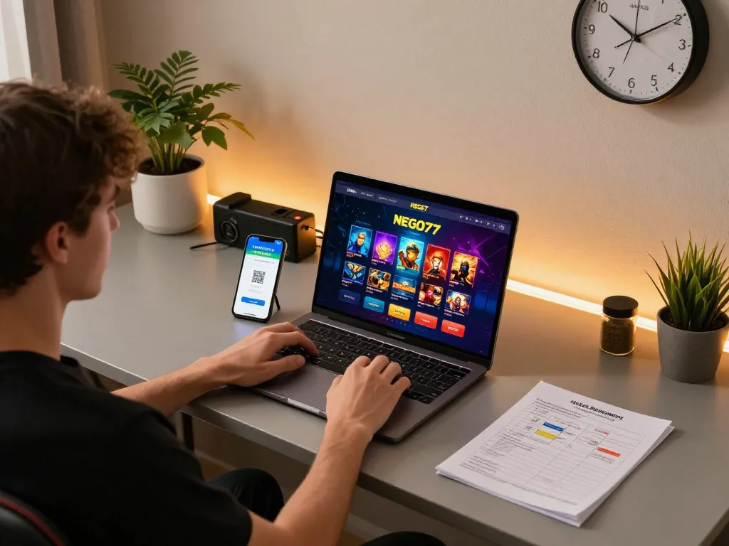 Engaging with NEGO77 online casino on a laptop while managing bankroll with strategy notes