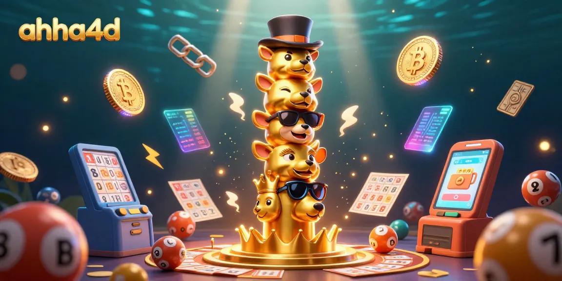 Win big with ahha4d in a vibrant outdoor lottery illustration featuring colorful balls and machines.