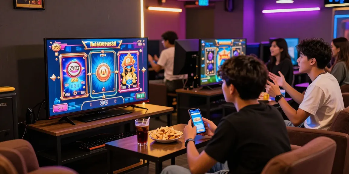 Friends enjoying gaming at a lounge featuring rajaberas88 slot games, vibrant atmosphere.