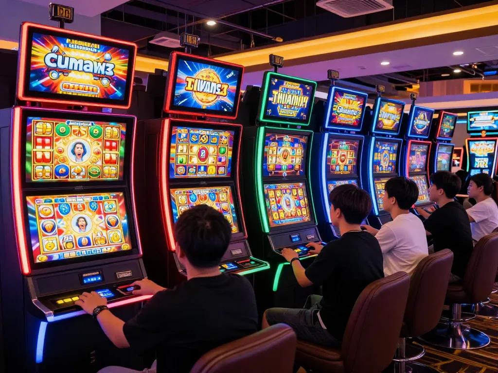 Players enjoying hi88 nổ hũ at colorful slot machines, engaging with exciting gameplay.