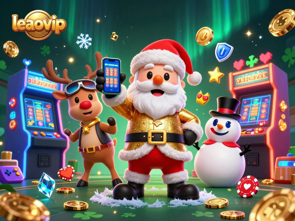 Mainkan jackpot slots di leaovip bersama Santa Claus, rusa, dan Snowman dalam suasana kasino yang meriah.