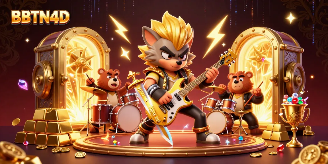 BBTN4D tampilkan permainan slot intens dengan karakter rock star dan efek permainan emas yang memikat