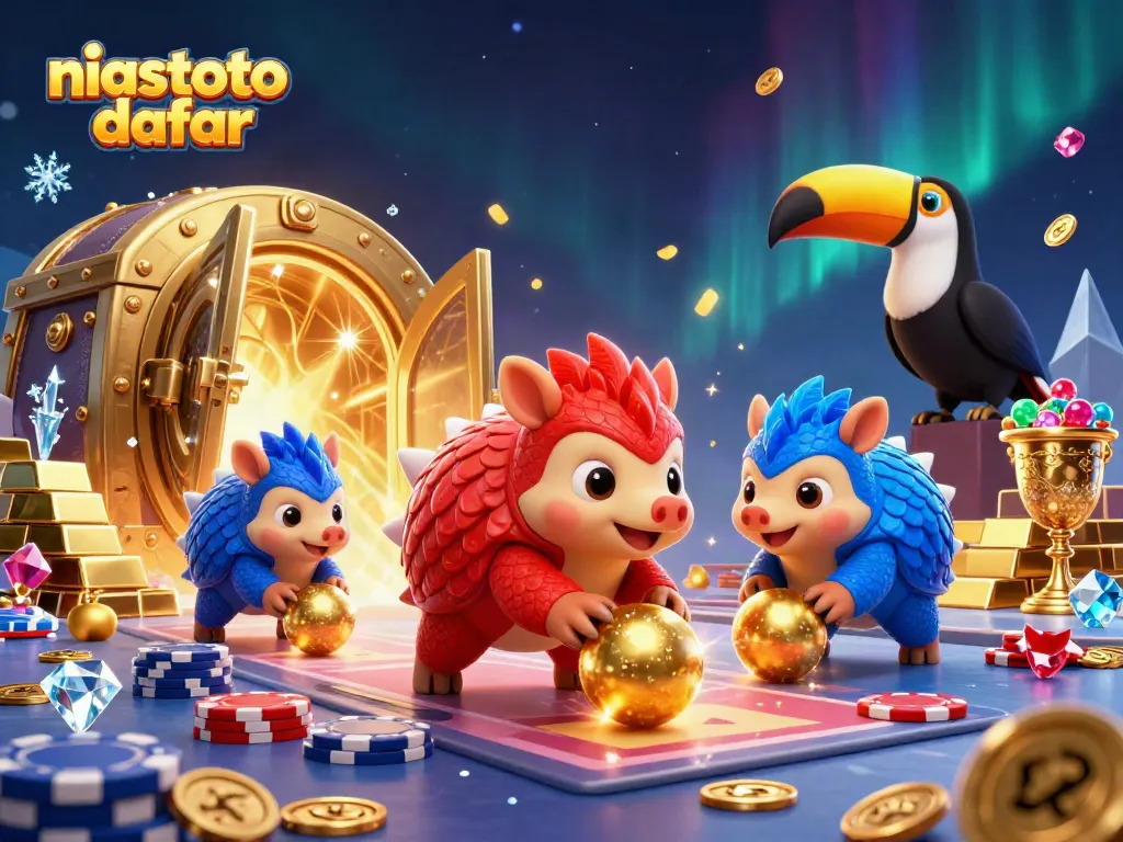 Gambar niastoto daftar menunjukkan pangolin rival bermain dengan chip poker dan harta karun emas.