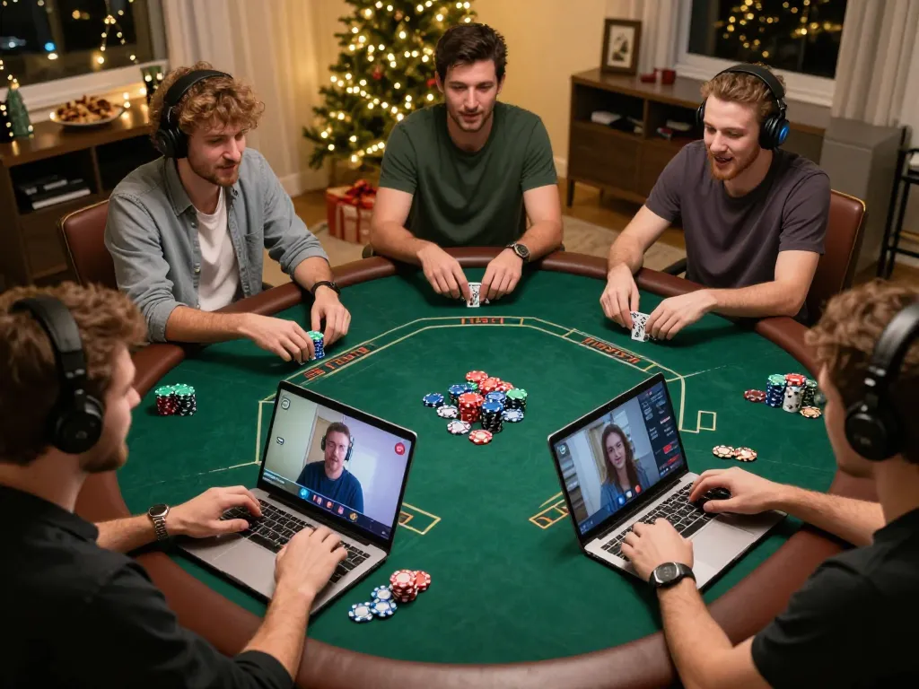 Interactive online poker game featuring players having fun while using 78win platform, showcasing festive home setting and chips