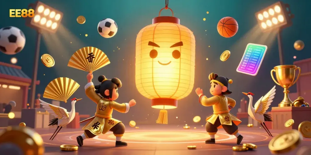 Engage with EE88's dynamic casino world, featuring a glowing lantern spirit and vibrant game elements.
