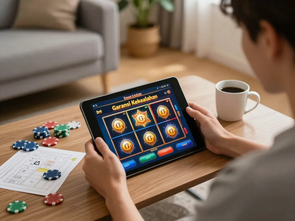 Play slots on a tablet with Garansi Kekealahan bonuses visible, cozy living room setup highlighting leisure gaming.