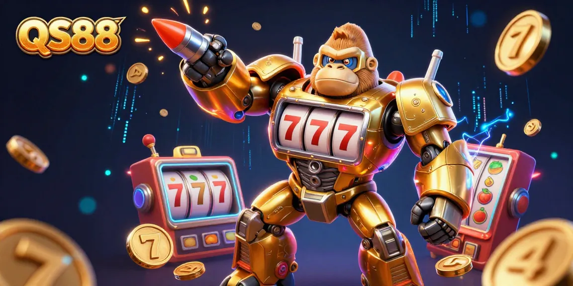 Experience thrilling action with the QS88 golden gorilla mech amid captivating slot elements.