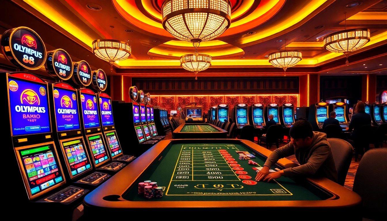 Players enjoying OLYMPUS88 at vibrant slot machines in a luxurious casino atmosphere.