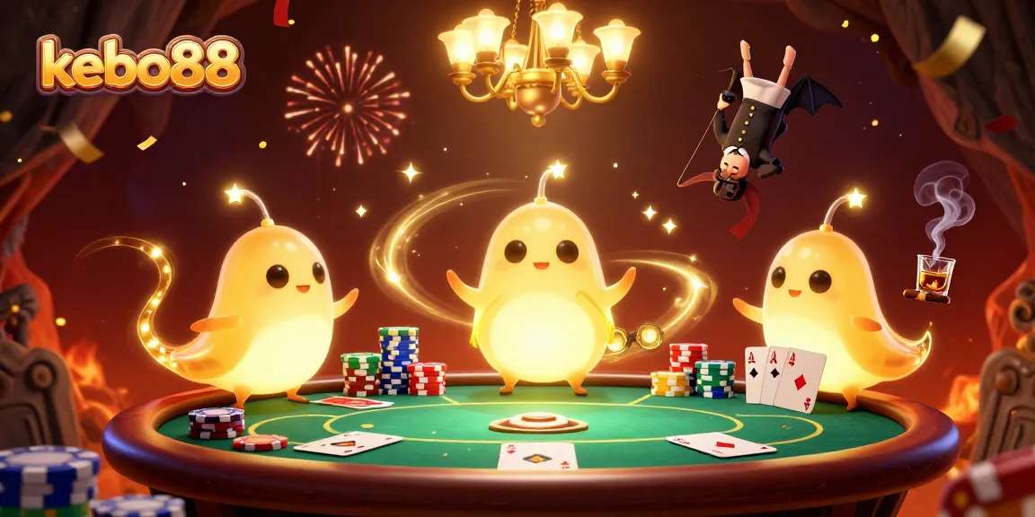 Kebo88 menghadirkan suasana kasino yang meriah dengan cacing bercahaya, dealer kelelawar, dan tumpukan chip poker berwarna-warni.