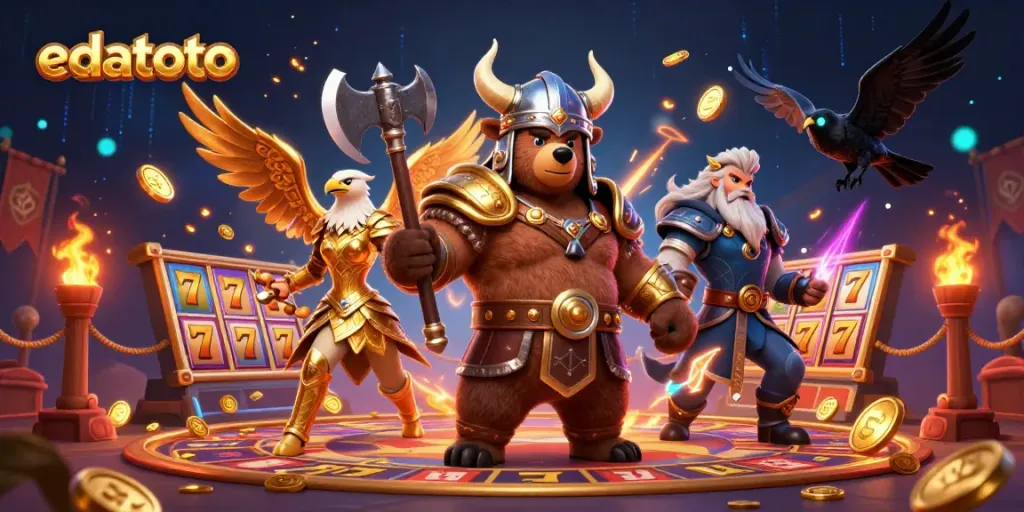 Engage with edatoto slot gameplay, featuring Viking berserker bear, Valkyrie eagle, and jackpot elements.