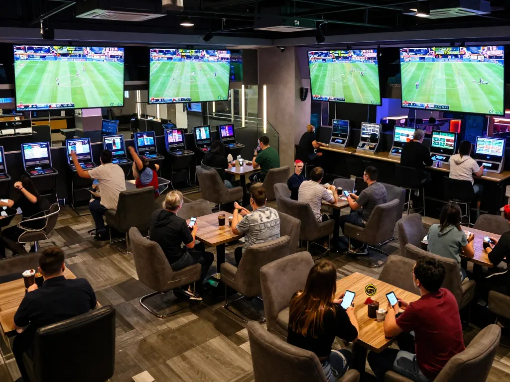 Engaging sports betting atmosphere at keonhacai lounge with fans placing bets and enjoying live games.