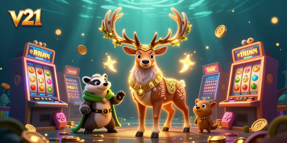 Ilustrasi kasino 3D menunjukkan v21 dengan simbol slot dan karakter bermain di bawah cahaya ambient.