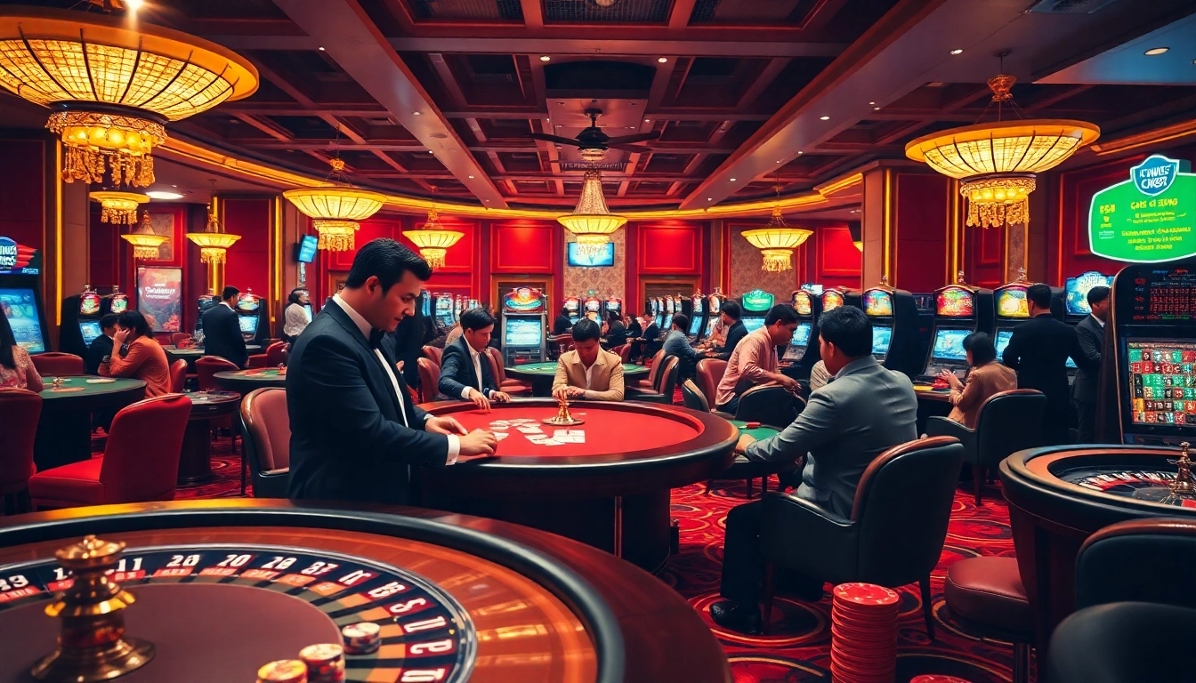 Players enjoy vibrant games at CM88 casino with colorful tables and glowing slot machines.
