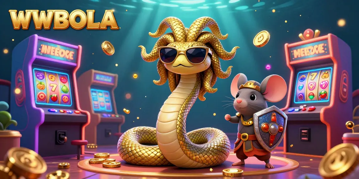 WWBOLA meriah di dunia slot dengan Medusa dan pejuang mouse, simbol permainan yang bersinar.