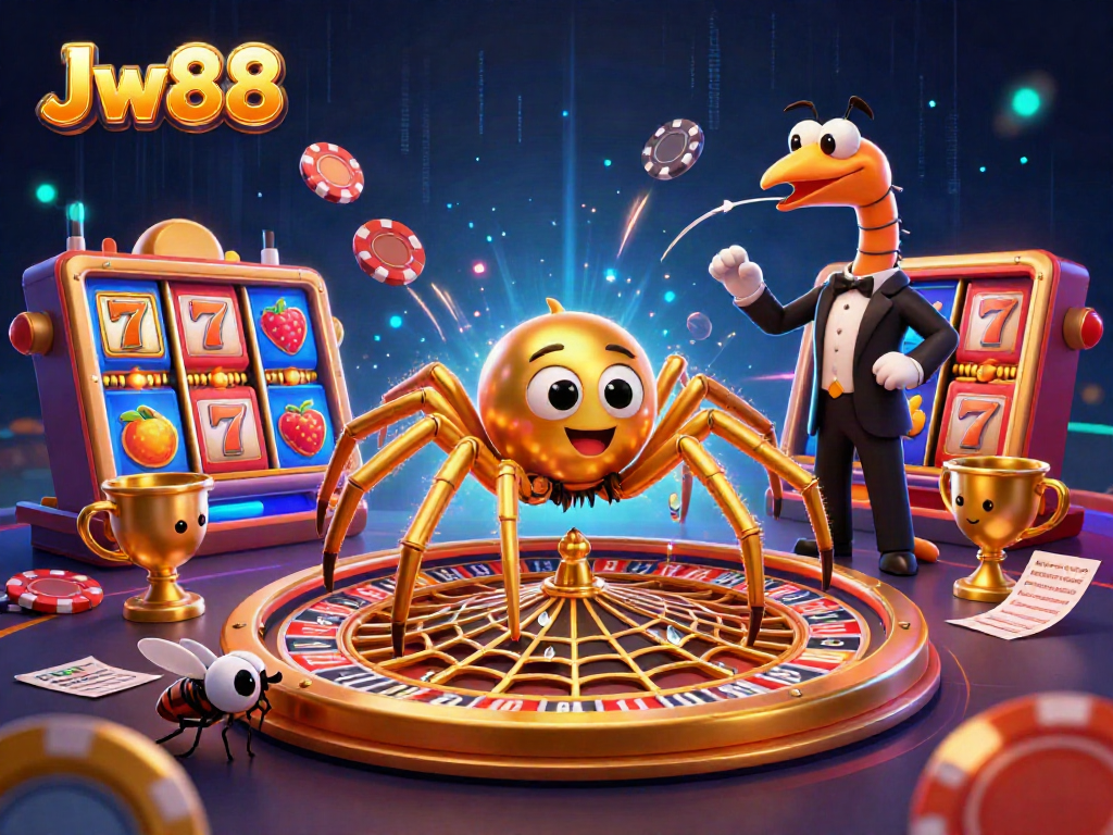 Bet at Jw88 with a dynamic casino scene featuring a golden spider and vibrant game elements.