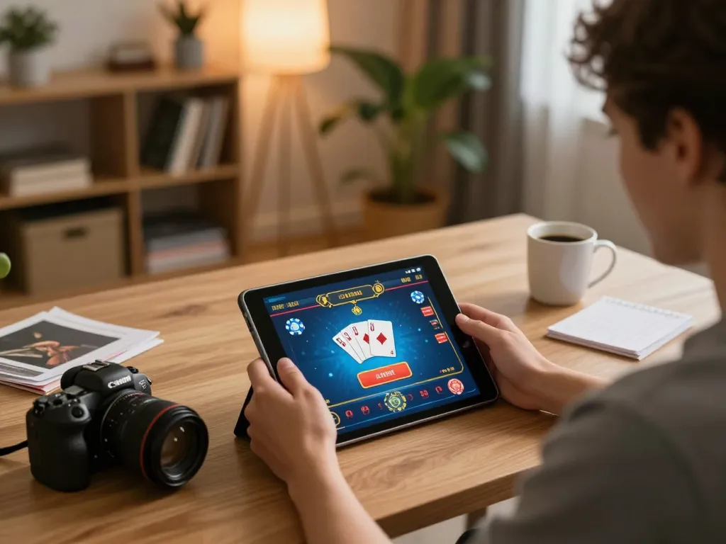 Engaged user with o8 app on tablet, enjoying live casino gaming in a stylish home setup