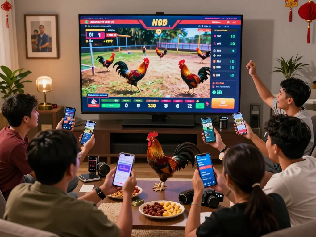 Aksi taruhan sabung ayam online yang intens di arena virtual yang penuh warna dengan ayam jantan yang berwarna-warni.