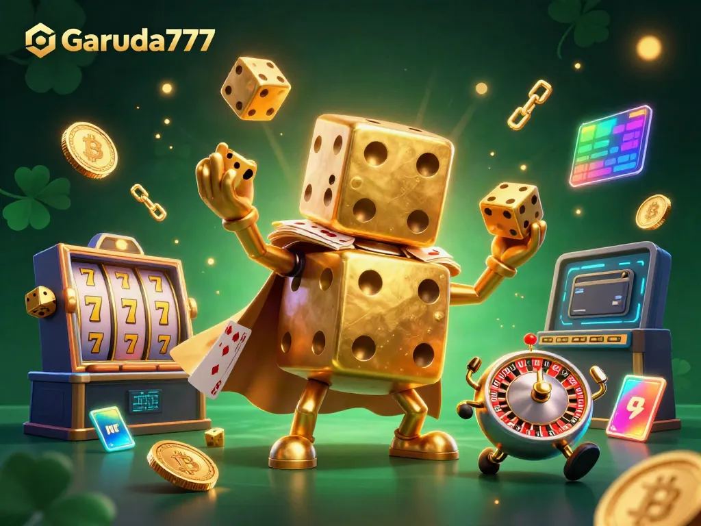 Garuda777, bermain slot online dengan karakter unik dan elemen kasino berkilau dalam ilustrasi 3D