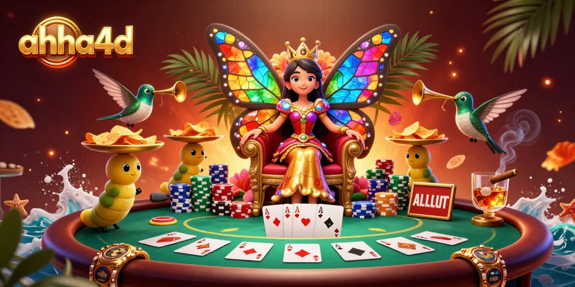 Engage with ahha4d in a captivating 3D casino scene showcasing a butterfly queen and vibrant poker elements.