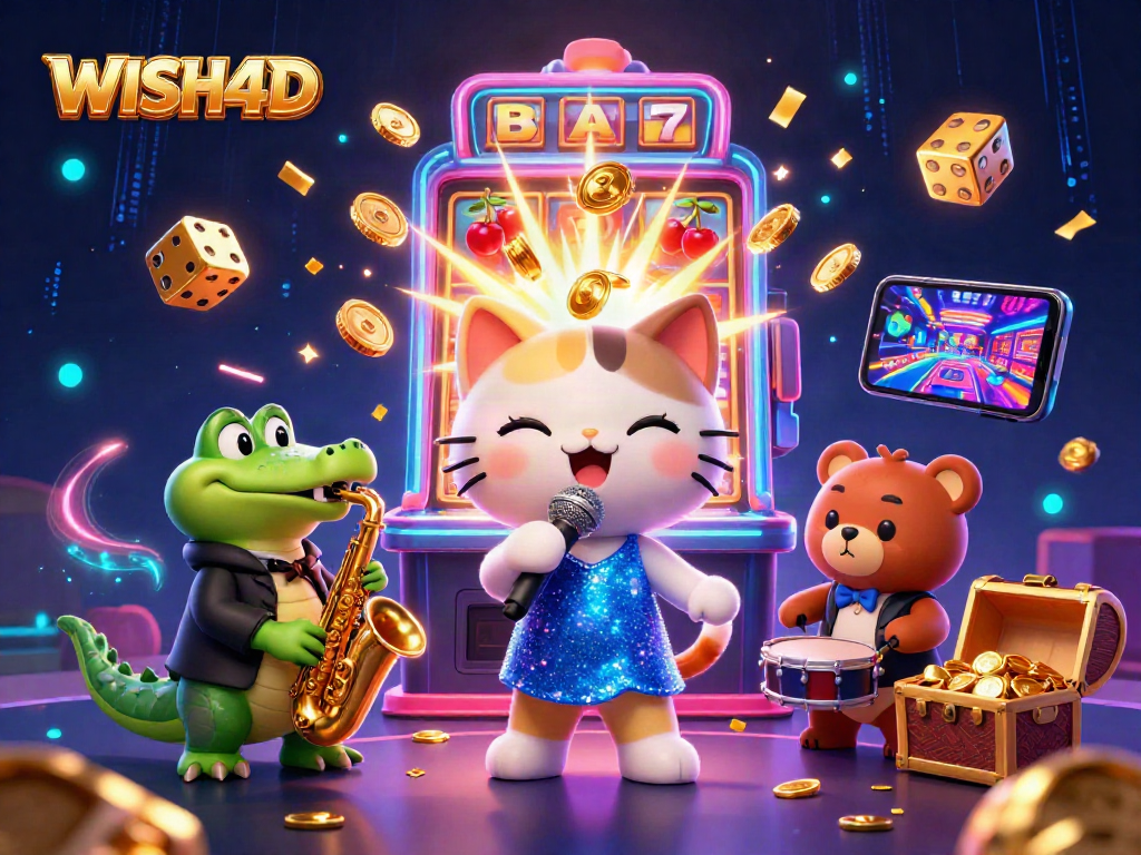 WISH4D showcases vibrant characters and a jackpot scene in an animated casino setting.