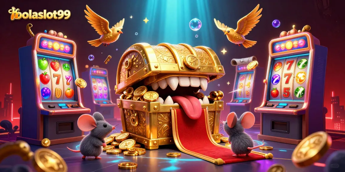 BolaSlot99 showcases vibrant slots with fruits and golden treasures, enticing players with riches.
