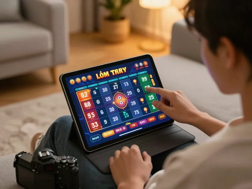 Engaging in lô đề hôm nay betting on a tablet in a cozy living room.