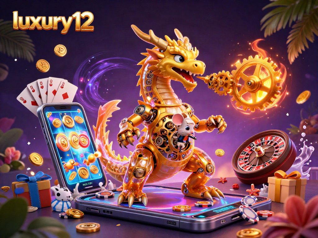 Engage with luxury12's vibrant casino universe featuring a mechanical dragon and exciting gaming elements.
