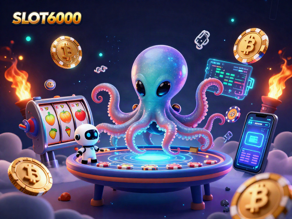 SLOT6000 showcases a thrilling scene of a cartoon alien octopus at a poker table with slot reels and crypto elements.