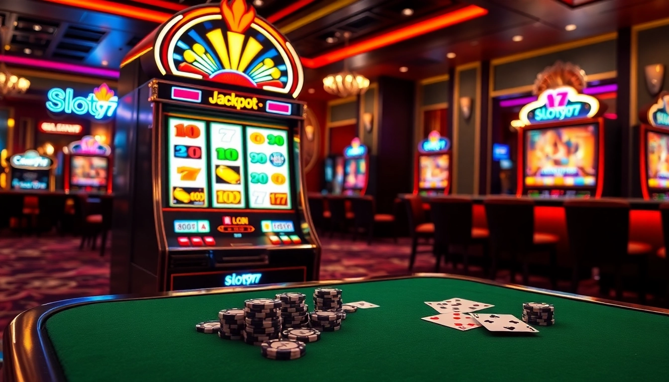 Experience the excitement of slot777 login with vibrant slot machines and poker chips in a luxurious casino setting.