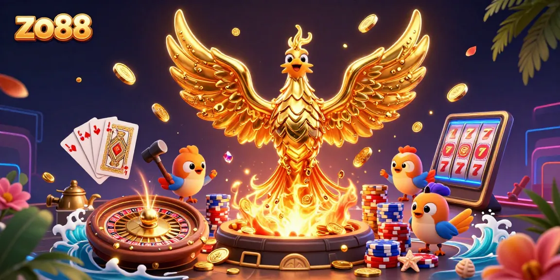 Experience thrilling wins at zo88 with golden phoenix soaring amidst dynamic casino elements.