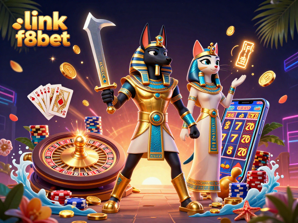 Engage with link f8bet in this vibrant 3D casino scene featuring ancient Egyptian warriors, games, and treasure.