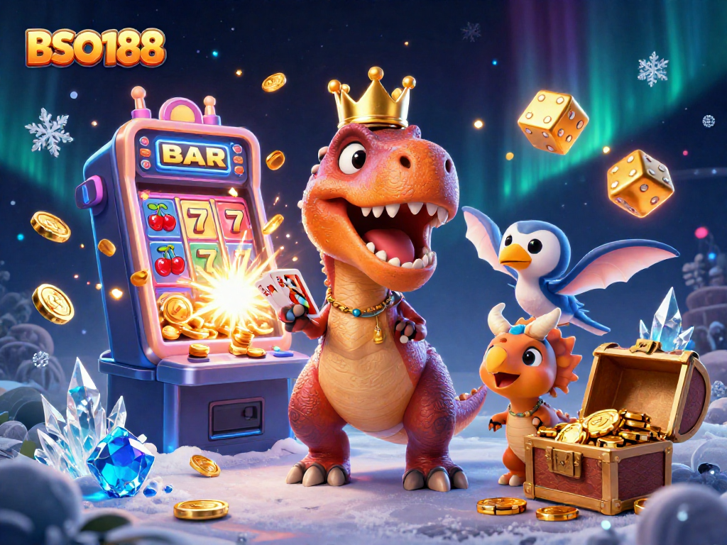 Experience BSO188 with fun characters and vibrant casino elements in a 3D digital illustration.