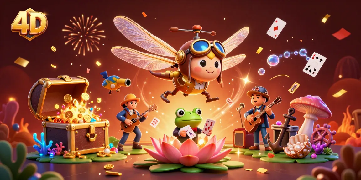Experience thrilling 4D gameplay as the frog croupier deals cards in an enchanting casino scene.