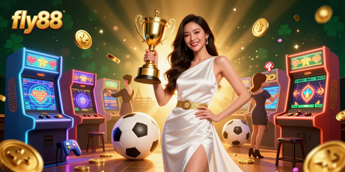 Experience the thrill of win with the fly88 casino scene featuring a victorious Asian woman, sports betting elements, and engaging visuals.