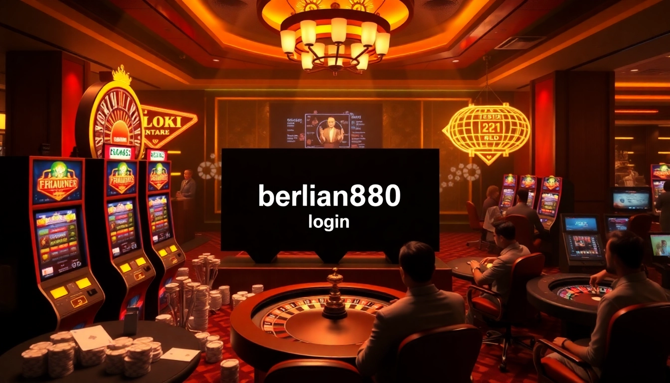 Berlian888 login interface showcasing a luxurious casino environment with slot machines, poker chips, and cards.