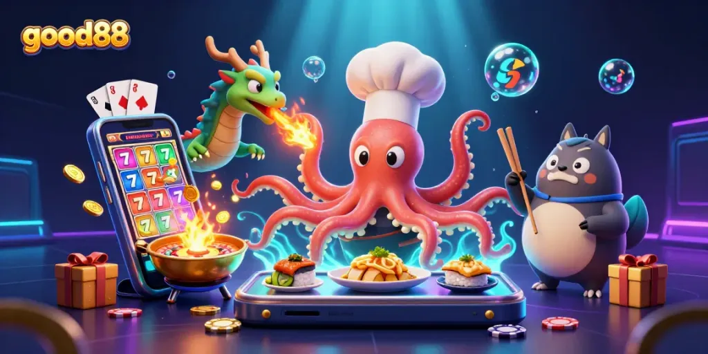 Engage with good88's vibrant casino scene featuring animated characters and dynamic gaming elements.