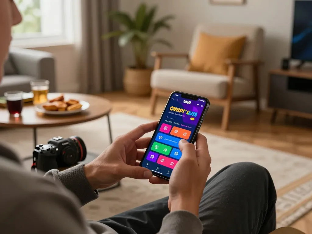 Experience the thrill of UU88 through mobile gaming, showcasing a user engaged with the app in a cozy home setting.